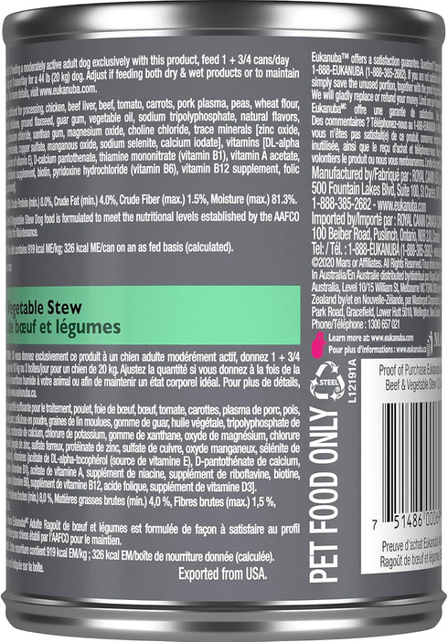 Eukanuba Adult Wet Dog Food, Beef & Vegetable Stew, 12.5 oz Can (12-Count)