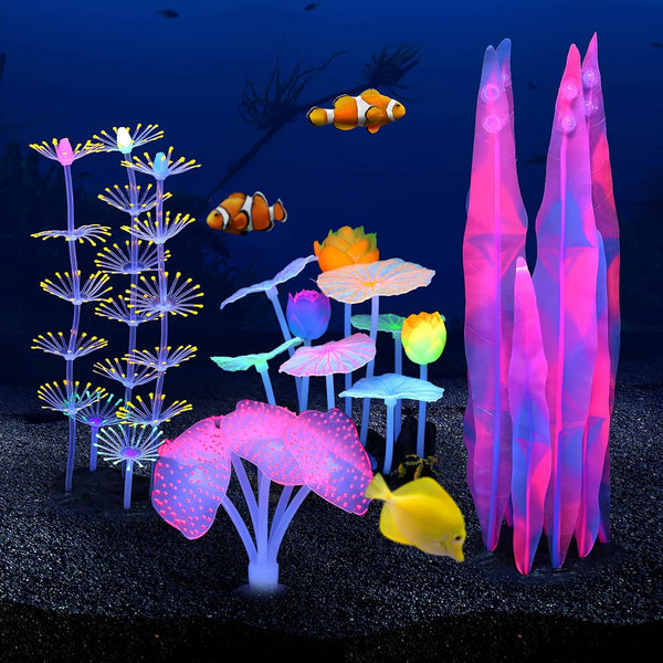Glowing Fish Tank Decorations, 4 pcs Glow Aquarium Decorations, Coral Plant Ornaments Lotus Kelp Anemone