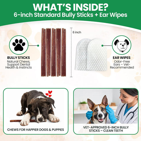 6 24 Count Thin Bully Sticks for Dogs - - Natural, Odor Free, High Protein, Grass-Fed Beef Pizzle Sticks for Dogs