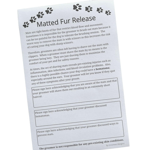 Dog Grooming Matted Fur Release Forms - Pad of 100, 5.5 X 8.5 Inches for Grooming Salon