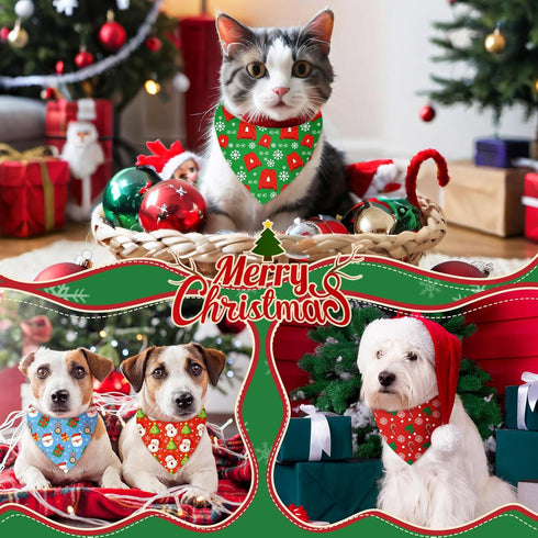 60 (25.6 17.7 17.7 Inch) Chunful Pcs Christmas Bandanas for Dogs Xmas Bandanas Bulk with Santa Snowflake Candy Cane