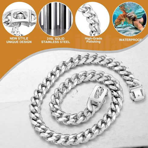 Dog Chain Collars 12mm Cuban Link with Tag Buckle, Stainless Steel Collar for Small Medium Large Dogs (18")
