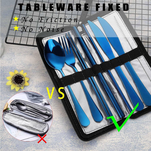 VANDBAO Camping Utensils Set, Portable Travel Utensils with Case for Fixing Tableware, Reusable Stainless Steel Cutlery Set, Includes Extra Steak Knife and Boba Straw, Lunch Flatware Silverware