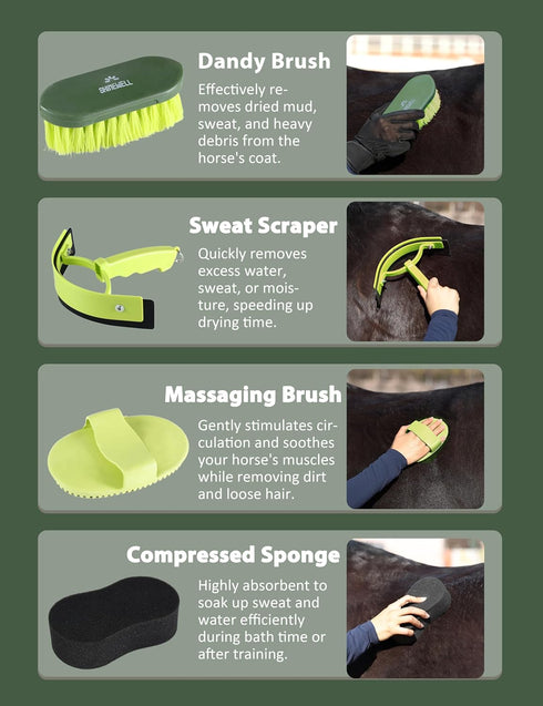 ShineWell Set, Horse Grooming Kit, Complete Horse Brush Equine Grooming Tools for Shedding & Daily Care Green