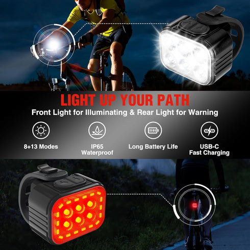 WORKPRO Ultra Bright Bike Lights Set, 8+13 Modes, Rechargeable IP65 Waterproof Bicycle Light Set for Night Riding