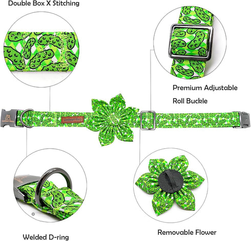 Lionheart Glory Green Dog Collar - Flower Print for Large Dogs, Cucumbers Spring Collar with Bows