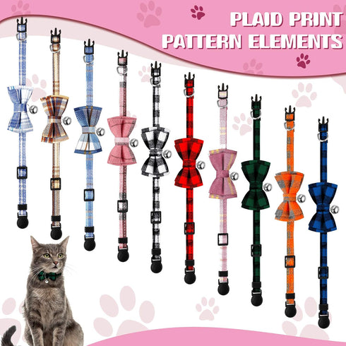 Weewooday 10 Pcs Breakaway Cat Collar with Bow Tie and Bell, Adjustable Cute Plaid Safety Collars for Cats