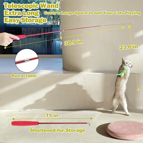 Interactive Cat Toys - Retractable Wand Toy and Feather Toys Refills for Indoor Cats