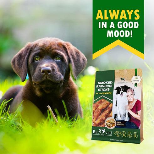 Dog Smoked Rawhide Sticks Wrapped Chicken & Natural Chew Treats - Grain Free Healthy Snacks for Small & Large Dogs