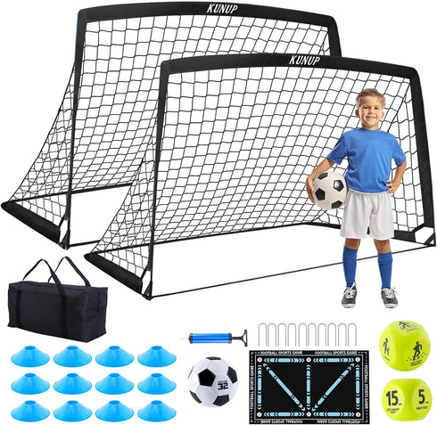 2 Set Kids Soccer Goals for Backyard with Training Equipment, Portable Foldable