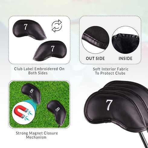 Premium Magnetic Leather Golf Club Head Covers - Set of 10, Fits Most Clubs, Embroidered Club Label
