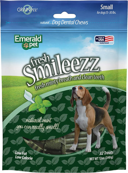 Emerald Pet Fresh Smileezz Grain Free Dog Dental Treats for Puppies and Small Breeds, Minty Fresh Breath, 12 Oz