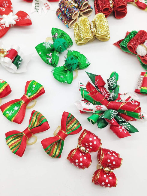 30pcs Dog Puppy Cat Mix Christmas Shiny Rhinestone Hair Bows Rubber Bands Pet Xmas Grooming Accessories