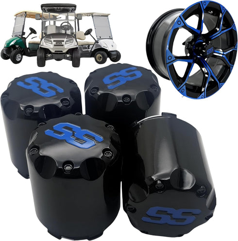 Golf Cart SS Wheel Center Cap Cover, ITP Push in Style for EZGO, Club Car, Yamaha, 4 PCS (Gloss Black with Blue SS)