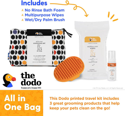 The Dodo All-in-One Dog Grooming Kit, Includes No Rinse Bath Foam, Wipes, and Wet/Dry Brush, Vegan & Cruelty-Free