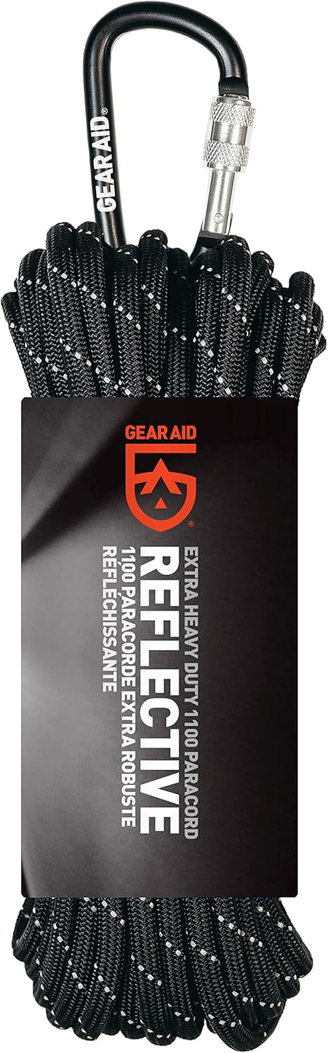 GEAR AID 1100 Paracord and Carabiner 5.5 mm Heavy-Duty Cord for Camping and Survival Black Reflective