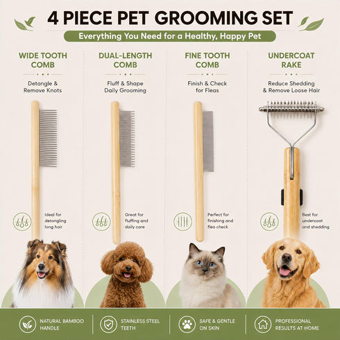 Juyoolumin 4-in-1 Set Bamboo Pet Grooming Kit for Medium to Long Haired Dogs & Cats, Dematting Comb with Undercoat