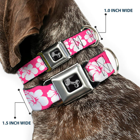 Buckle-Down Hibiscus Dog Collar Bone, Neon Pink/White, 1" Wide - Fits 9-15" Neck - Small