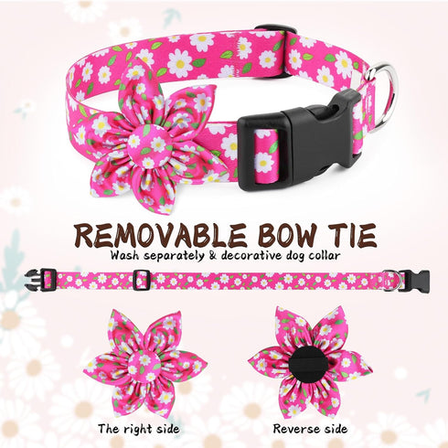 Daisy Pink Dog Collar, Cute Floral Bow for Small Medium Large Dogs, Soft and Fancy Pet Collars for Girls