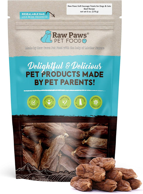 Raw Paws Grain-Free Soft Sausage Treats for Dogs & Cats - Beef Recipe, 6-oz Made in USA