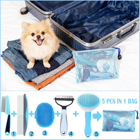 5-in-1 Pet Grooming Kit with Self-Cleaning Slicker Brush for Dogs & Cats, Includes Undercoat Rake, Dematting Comb