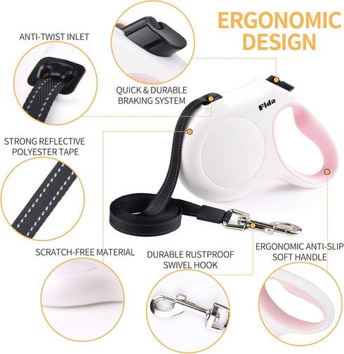 Fida 16 ft Retractable Dog Leash for Small Dogs up to 26lbs, Tangle Free, White