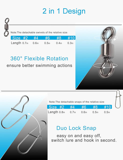 Fishing Swivels Snaps Set, Rolling Bearing Swivel with Duo Lock Snap Connector for Freshwater and Saltwater Fishing