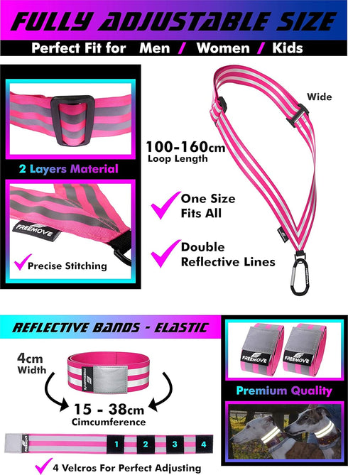 FREEMOVE Reflective SASH with 2 Bands, Reflective Runners Waist Belt with 4 Arm Bands, Easy to Put On/Off, Reflective