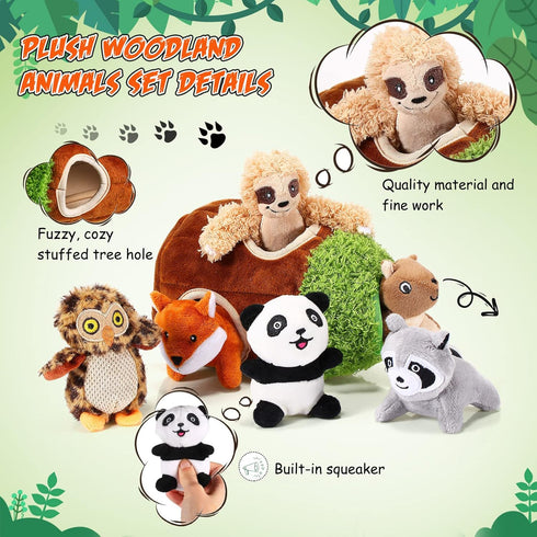 7 Pieces Dog Squeaky Toys, Hide and Seek Activity Puppy Chew Toys, Plush Woodland Friends with Squeakers