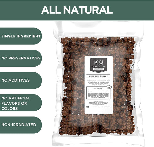 K9 Connoisseur Low Odor Free Slow Roasted Beef Lung Dog Treats, 2.5 Pounds, All Natural, Grain Free for All Breeds