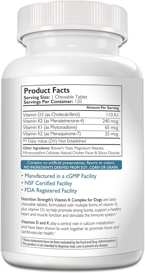 Vitamin K for Dogs - Vitamins K1 & K2 + Vitamin D3 for Strong Bones, Healthy Heart, Immune Support, 120 Chewable Tablets