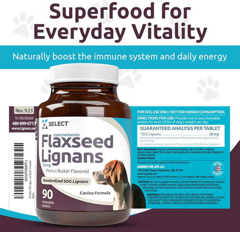K9 Select Concentrated Flaxseed Lignans for Dogs, 20mg 90 Tablets, Peanut Butter Flavored Chewable