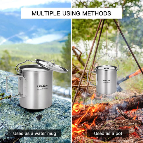 LIXADA Camping Cup Pot - 750ml Stainless Steel Water Cup with Foldable Handles and Lid for Outdoor Use