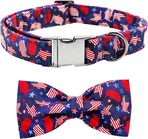 Dog Collar, 4th of July Independence Day American Flag Bowtie Collar for Small Medium Large Dogs, Durable Pet Bow Collar