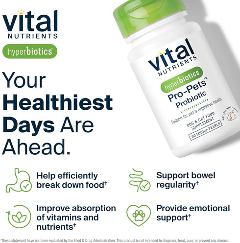 Vital Nutrients Pro Pets Probiotics for Dogs and Cats | Digestive Health, Gut Health, Occasional Diarrhea | 60 Micro