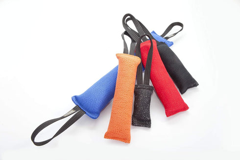 Dingo Gear Tug Toy for Dog Training, Agility Tug of War, French Linen Dog Bumper with Handle, 8" Blue