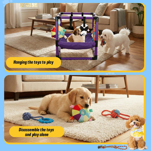 Bullro 8 Hammock Purple Puppy Play Gym with Hanging Toys, Dog Jungle Gym Indoor with and Funny Enrichment Toys, PVC