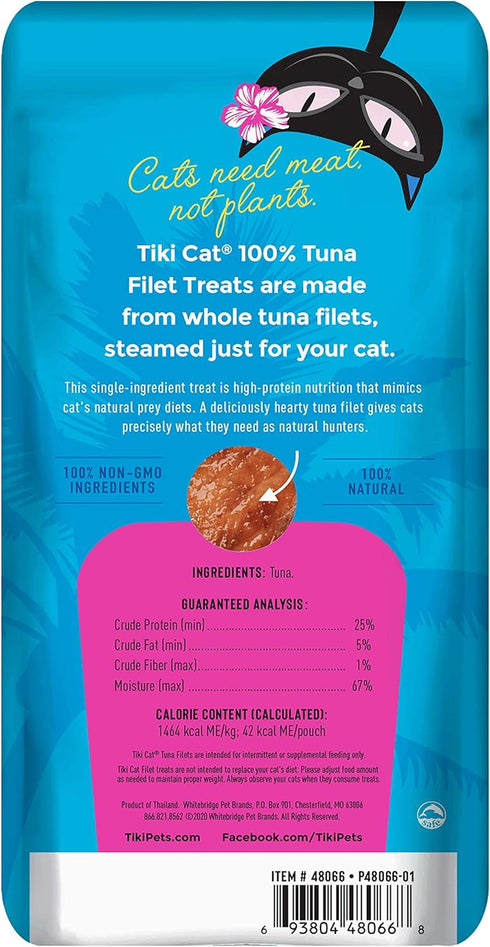 Tiki Cat Filet, All Natural Tuna, High Moisture Non-GMO Wet Cat Food Topper, 1 oz Pouch, Pack of 12