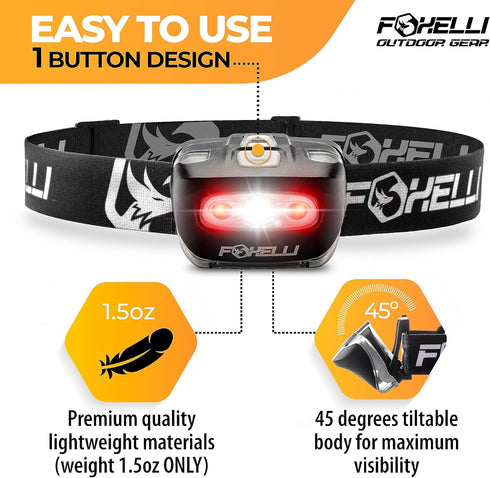 Foxelli LED Headlamp Flashlight for Adults & Kids, Running, Camping, Hiking Head Lamp with White & Red Light, Lightweight Waterproof Headlight with Comfortable Headband, 3 AAA Batteries Included by Foxelli