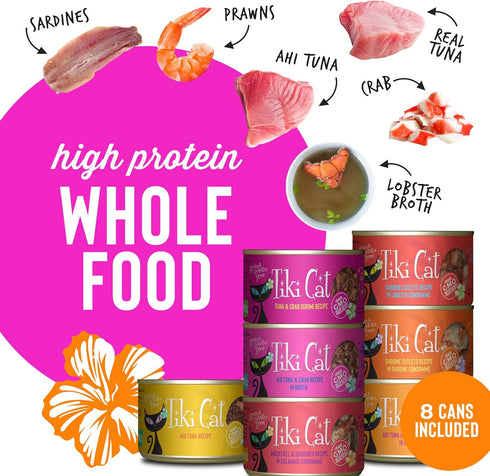 Tiki Cat Grill, Tuna & Crab Surimi, High-Protein Wet Whole Foods Cat Food for All Life Stages, 6 oz. Cans (Pack of 8)