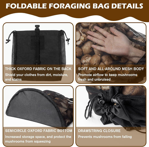 ProtectHobby 2 Mushroom Foraging Bag Kit with Adjustable Waistband - Folding Mesh Bags & Leather Tool Pouch, Suitable