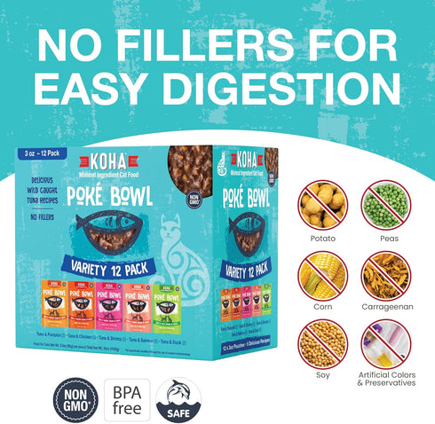 Pet Food Poké Bowl Cat Variety Pack, Wet Cat Food in Gravy - 5 Flavors - 3 oz Pouches, Pack of 12