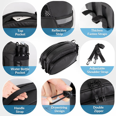 WOTOW 12L Waterproof Bike Rear Rack Bag - Reflective Bicycle Trunk Carrier with Water Bottle Holder, Shoulder Strap