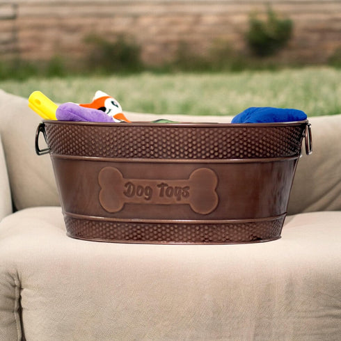 Indestructible Metal Dog Toy Bin, Copper Galvanized Storage Box with Handles, Dog Bone Design for Chew Toys, Blankets,