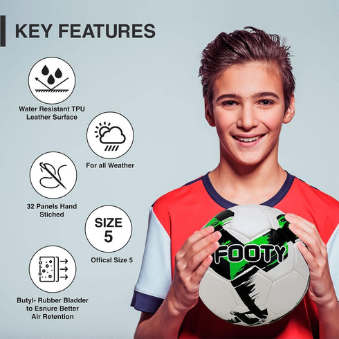 Footy Size 5 Soccer Ball - Hand Stitched Leather with Pump, Professional Youth Training Ball
