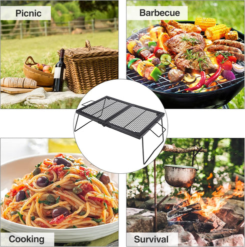 Portable Heavy Duty Steel Folding Campfire Grill Grate for Outdoor Cooking Fire Pit, Black Folded in Half