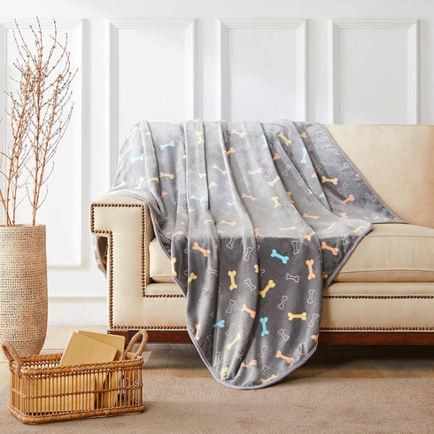 Allisandro Luxurious Dog Blanket - 350 GSM Super Fuzzy Microplush Fleece for Small Medium Large Dogs, Grey Bone