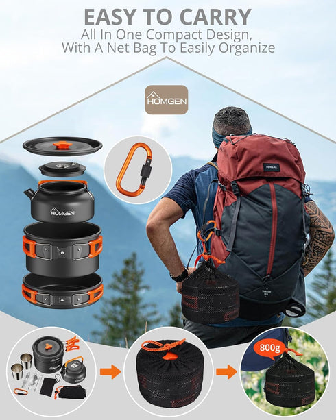 HOMGEN Camping Cooking Set - Lightweight Aluminium Pots and Pans Kit for 2-3 People, Perfect for Camping, Picnic, Hiking