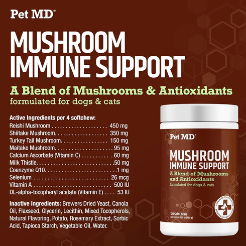 Pet MD Mushroom Immune Support - Turkey Tail Mushroom for Dogs & Cats with Milk Thistle and CoQ10 - 120 Chews