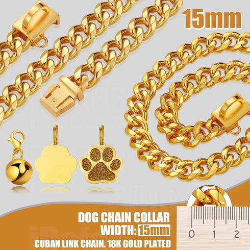 Gold Chain Dog Collar - 15mm Cuban Link with Secure Snap Buckle, 18K Gold Plated Stainless Steel, Includes Dog Tag &